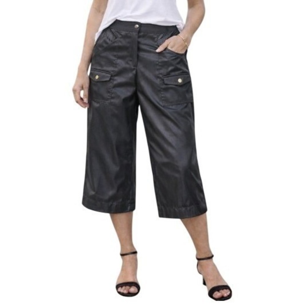 Vintage Cache Charcoal Gray Sheen Cargo Wide Leg Shorts Capri Cropped Pants 14